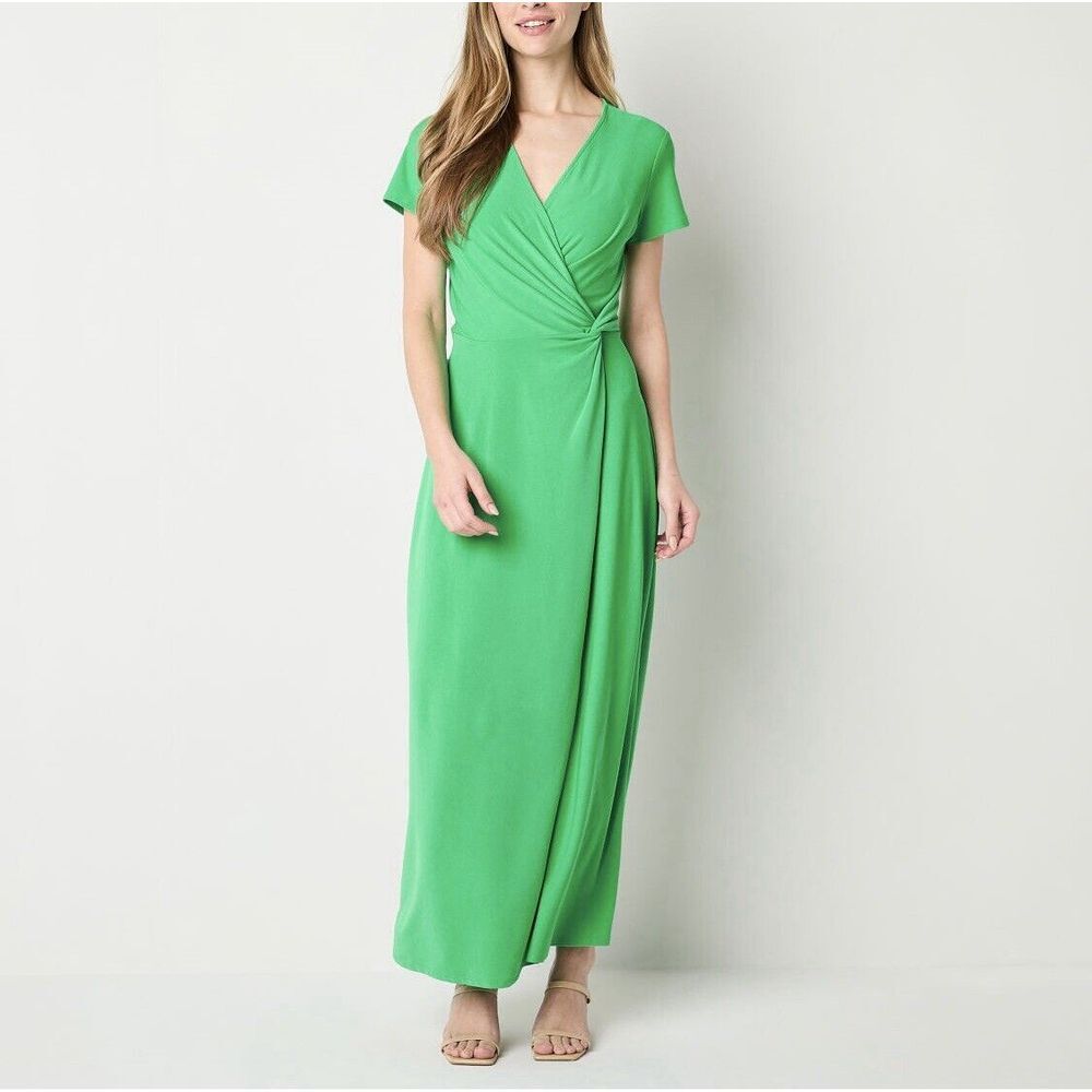 Perceptions New York  Women's Green Long  Short Sleeve Maxi Dress V-Neck  XL $79